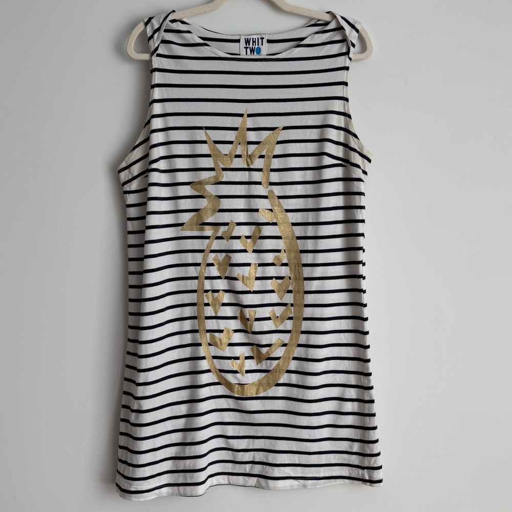White & Navy Striped Tank with Gold Pineapple Graphic